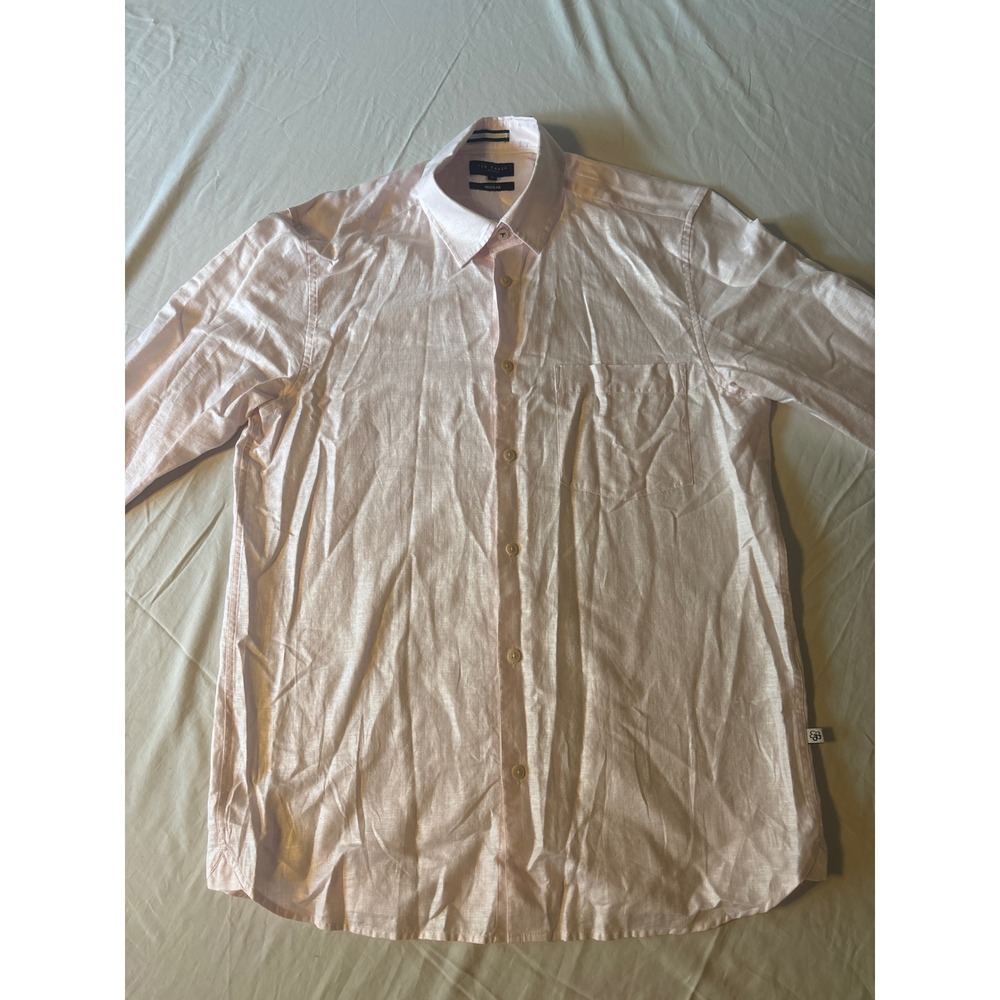 Ted Baker Linen Button Down Shirt Mens L Light Pink Regular Fit Long Slv